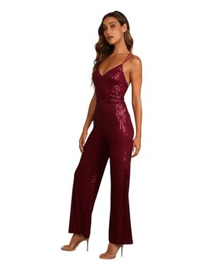 Lulu’s NWT Isn't it Iconic Wine Red Sequin Strappy Jumpsuit Size Large